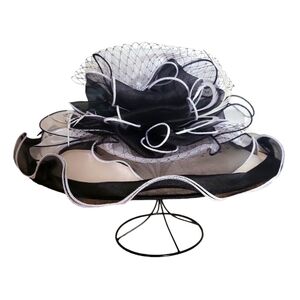 Forbusite Gray Black White Ruffled Chiffon Organza Church Derby Hat NWT